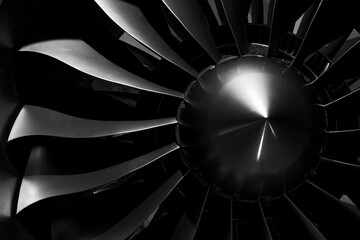 Modern turbofan engine. close up of turbojet of aircraft on black background. blades of the...