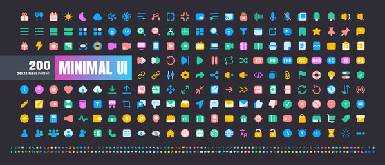 24x24 Pixel Perfect. Basic User Interface Essential Set. 200 Flat Color Icons. For App, Web, Print. Round Cap and Round Corner. Ready to use and Easy to Customize. Good for Dark Mode Theme. - obrazy, fototapety, plakaty