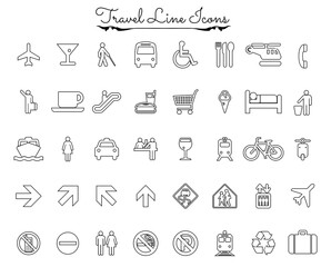 Black and white travel line icon set.  Holidays signs for graphic design as elements