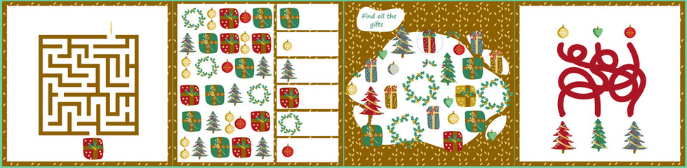 Christmas maze. I spy. Kids mini game for development.