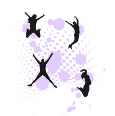 Jumping people silhouettes on half dot ink splot background - obrazy, fototapety, plakaty