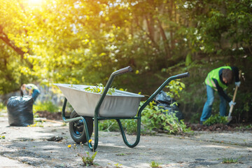 garden wheelbarrow with leaves or cleaning city park in spring at sunny day - obrazy, fototapety, plakaty