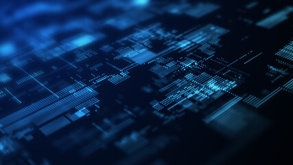 Digital background with moving glowing particles. Futuristic hi-tech illustration. Concept of data transfer in cyberspace. Big data visualization. 3d rendering.