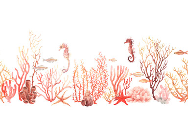 Underwater wildlife, watercolor horizontal border of colorful corals, polyps, seahorses, starfishes and fishes. Seamless floral pattern of sea elements isolated on white background. © Nikole