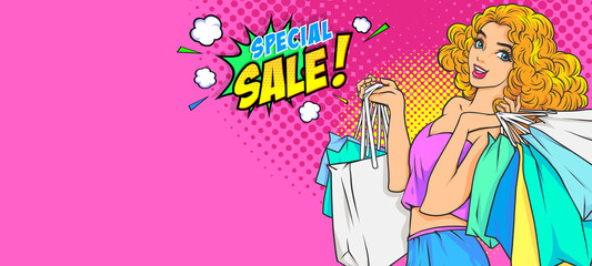 Sexy Surprised Young Woman Holding Shopping Bags Special Sale Speech Bubble