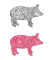 Pig on white. Hand drawn abstract animal on isolated background. Abstract ornate character. Different color options