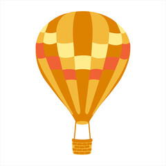 Orange striped hot air balloon with basket. Hot air balloon isolated on white background.  Flat cartoon design. Vector.