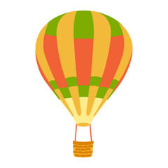 Striped hot air balloon in cartoon style on white background. Vector illustration. Transportation background.