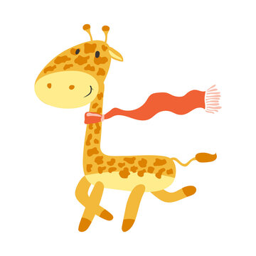 Happy African giraffe. Cartoon giraffe in a red scarf on a white background. Funny cartoon character.  Cute baby print. Vector.