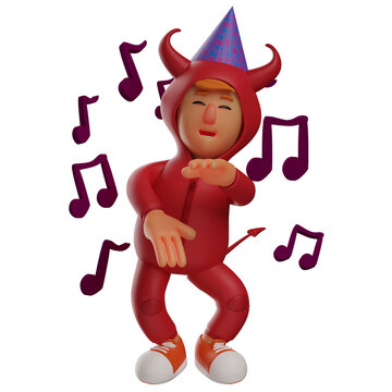 3D Red Devil Cartoon Character dancing with music