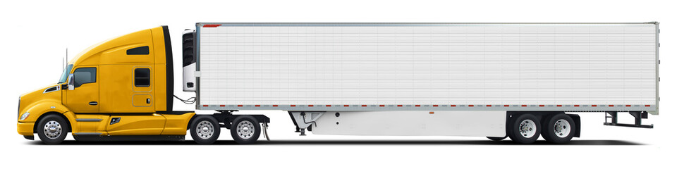 A large modern American truck with a white trailer and a yellow cab. Side view isolated on white background.