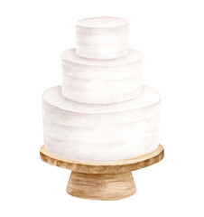 Watercolor wedding cake on wood stand illustration. Hand drawn 3 tiered white cream cake. Rustic dessert isolated clipart for invitations, menu, restaurant, shop and bakery logo