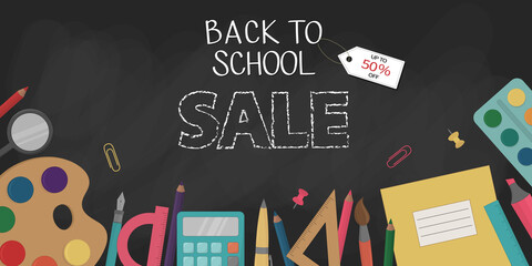 Back to school. Sale on the background of a black chalkboard. Vector illustration.