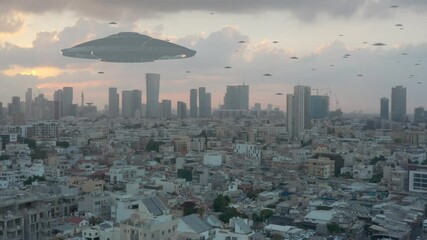 Alien invasion over large city aerial view
ufo's Armada fleet heading toward mother ship,tel aviv,drone view 
