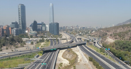 Aerial view on skyscrapers of Financial District of Santiago, capital of Chile.