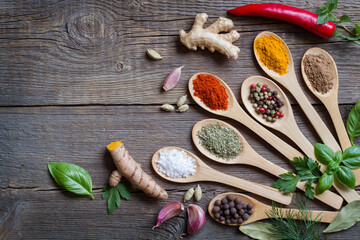 Composition of herbs and spices in wooden spoons on old boards background