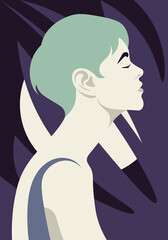 The profile of a relaxed young woman with a short haircut on the background with a night rainforest and the moon. The summer vacation. Vector flat illustration