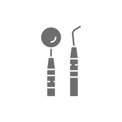 Dental examination kit, dental instruments grey icon.
