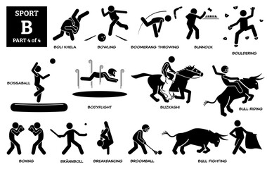 Sport games alphabet B vector icons pictogram. Boli Khela, bowling, boomerang, bunnock, bouldering, bossaball, bodyflight, buzkashi, bull riding fighting, boxing, brannboll, breakdance, and broomball.