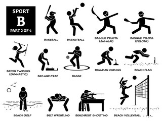 Sport games alphabet B vector icons pictogram. Baseball, basque pelota, basse, bat and trap, baton twirling, Bavarian curling, beach flag, golf, belt wrestling, benchrest shooting, and volleyball.
