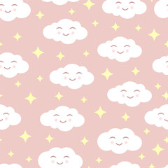 Cute seamless pattern with smiling clouds and yellow stars on a pink background. Vector illustration for fabrics, textures, wallpapers, posters, postcards. Childish fun print. Editable elements