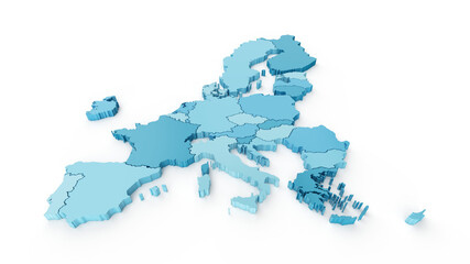 Light blue 3D map of the European Union on a white background.