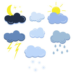Cloud with crescent, sun, rain, snowflake and thunderstorm. Set weather icons isolated on white background. Flat vector illustration