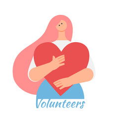 Young woman holding a heart in her hands. Concept of help, charity, volunteering, mutual aid. Flat style. Vector illustration.