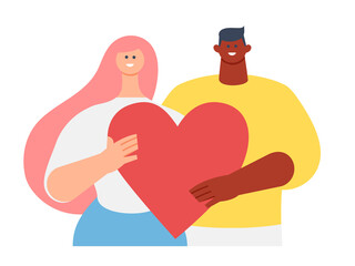 Concept of help, charity, volunteering, mutual aid, the main page of the site. Young couple of people of different nationalities, woman and man are holding a heart in their hands. Vector illustration.