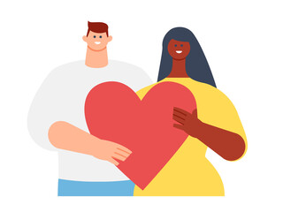 Concept of help, charity, volunteering, mutual aid, the main page of the site. Young couple of people of different nationalities, woman and man are holding a heart in their hands. Vector illustration.