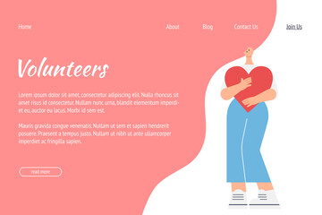 Landing page template with flat concept of help, charity, volunteering, mutual aid, website main page. Young woman holding a heart in her hands. Vector illustration.