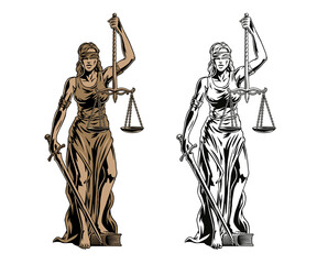 Themis goddess sculpture isolated on white background. Lady justice with scales and sword in hands. Judiciary symbol. Bronze and black and white versions. Vector illustration.