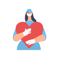 Concept of help, charity, volunteering, mutual assistance, home page of the site. Young doctor, woman in a medical uniform holding a heart in her hands. Vector illustration.