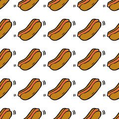 Seamless colored pattern with hot dogs. Doodle ilustration with hot dogs icons on white background.