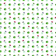 Seamless pattern with vaccine bottles. Coronavirus vaccine injections. Covid 19 vaccine bottle. Vector illustration. Banner, background, paper, cover, prints. Information brochures. 