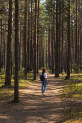 Obraz premium woman in a light shirt and jeans walking on a wooden path in nature, national park or forest, swamp and wooden roads for tourism and hiking, recreation and sports in nature, enjoy the peace and beauty