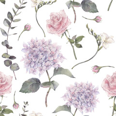 Floral seamless pattern of tender 
flowers.  Hand painted watercolor illustration.