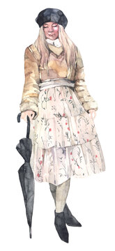 Romantic fashion lady with a black 
umbrella.  Hand painted watercolor illustration.