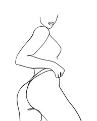 Vector outline black and white illustration of woman body. One line drawing isolated on white background.