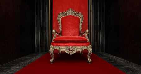 Red royal chair on a red and black background, VIP throne, Red royal throne, 3d render - obrazy, fototapety, plakaty