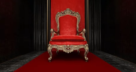 Fotobehang Red royal chair on a red and black background, VIP throne, Red royal throne, 3d render © mustapha