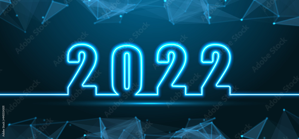 Poster Happy New 2022 Year. Futuristic Neon Banner. Future Technology Template