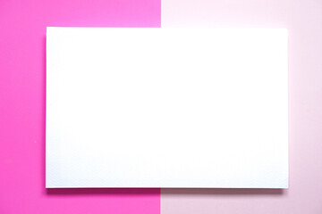 top view of blank  white A4 paper on two tone of pink paper with copy space, conceptual design of mock up brochure  for advertising.