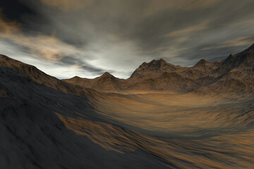 Fototapeta na wymiar Mountains, 3d rendering, a desert landscape, gray clouds in the sky.
