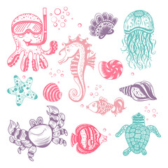 A set of hand drawn marine animals. Seahorse, octopus, shells, fish, starfish, jellyfish, sea turtle, crab. Vector cartoon ocean dwellers for different designs.