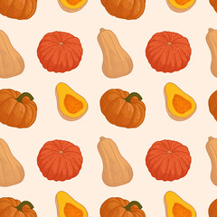 seamless pattern with Different autumn pumpkins and squashes. Vintage drawing of fresh ripe vegetables. Fall harvest. Hand-drawn vector illustration