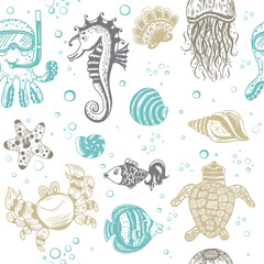 Seamless pattern with sea animals. A gentle children's vector illustration with the inhabitants of the underwater world on a white background. Cute baby wallpaper, textile design, background.
