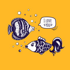 A cute hand drawn a couple in love fishes.  Romantic concept of a postcard with the inscription I love you. Design for Valentine's Day. Colorful vector illustration.