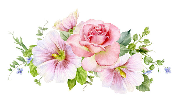 A beautiful bouquet of flowers painted by hands in watercolor. Mallow and rose flowers with leaves, buds and flowers on a white background.