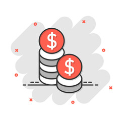 Coins stack icon in comic style. Dollar coin cartoon vector illustration on white isolated background. Money stacked splash effect business concept.